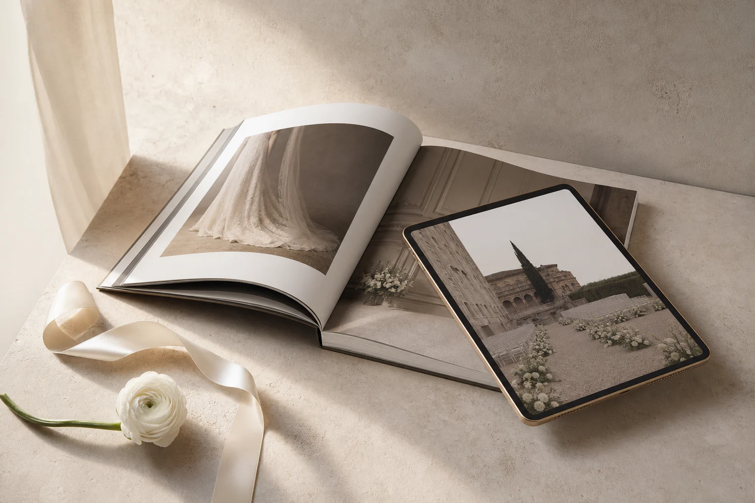 Una revista de bodas de lujo abierta junto a una tableta con un elegante lugar para bodas